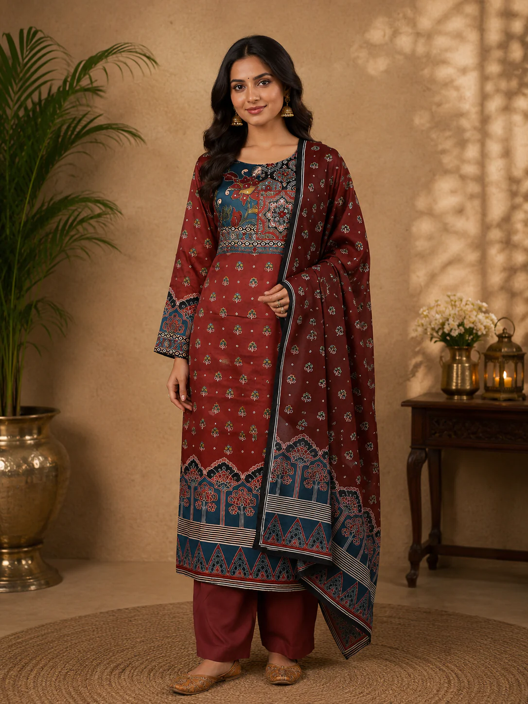 Dark Red Floral Designed Semi Silk Salwar Suit